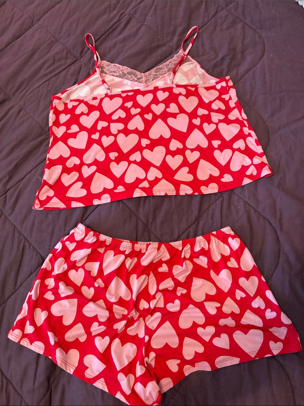 Red & Pink Heart Satin Cami and Short Sleep Set - Picture 2 of 2